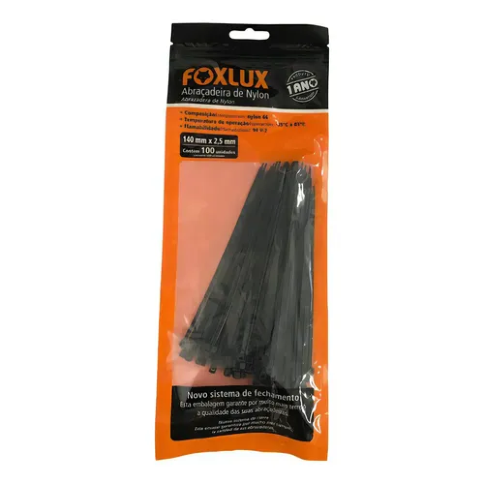 Abraçadeira de Nylon Foxlux Preta 140x2,5 mm Pct C/100