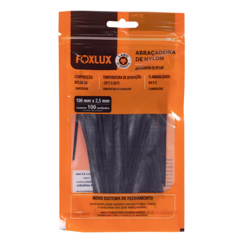 Abraçadeira de Nylon Foxlux Preta 100x2,5 mm Pct C/100