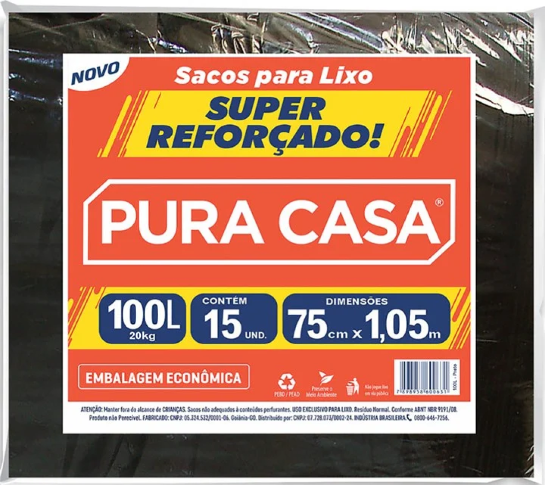 Saco para Lixo Pura Casa Reforçado Preto 100L C/15