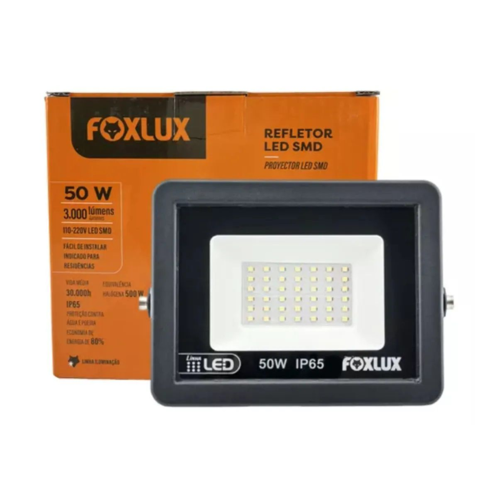 Refletor Led Foxlux Slim 50W 6500K Bivolt Preto