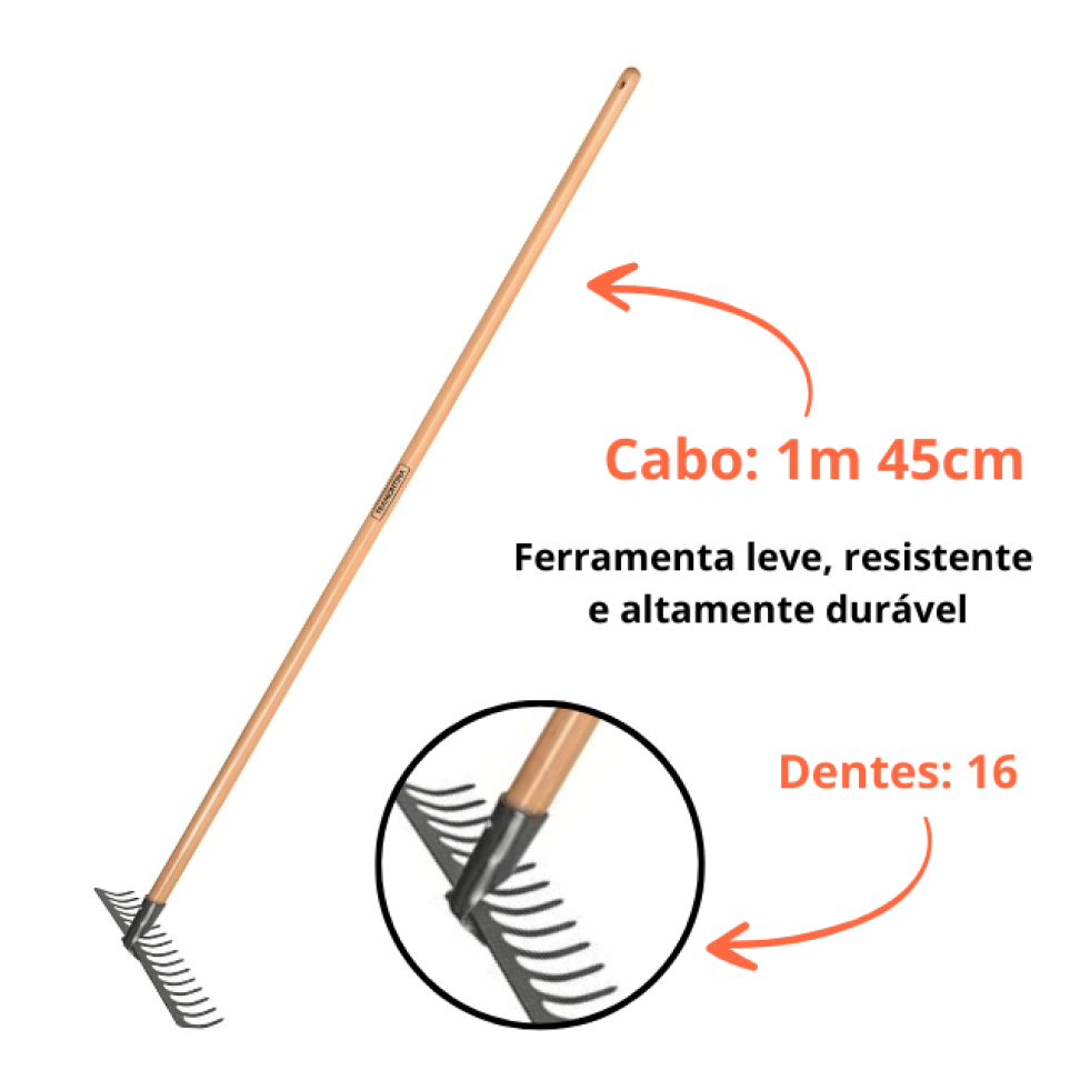 Ancinho Curvo Metálico Tramontina 16 Dentes Cabo de Madeira 145cm