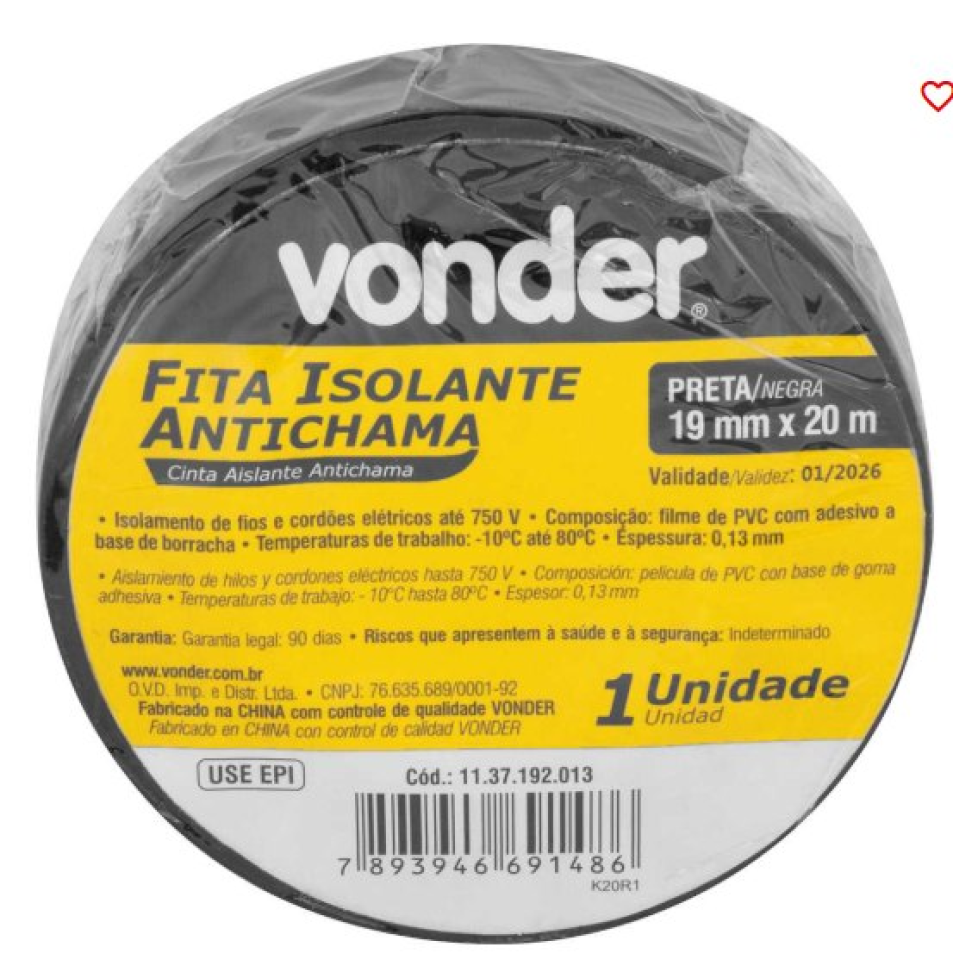 Fita Isolante Vonder Antichama Preta 19mm x 20m