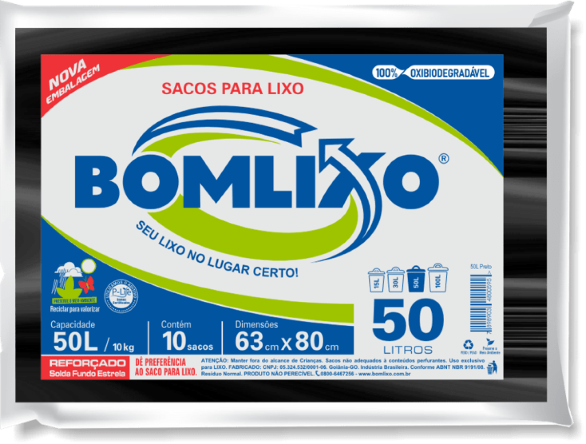 Saco para Lixo Bomlixo 50L Preto Pacote C/10