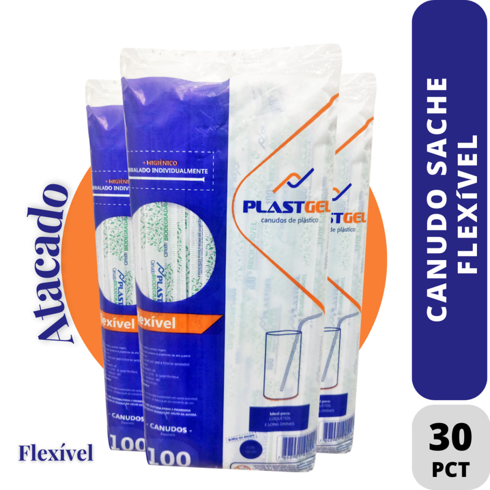 Canudo Flexível Plastgel Sachê 21cm C/100