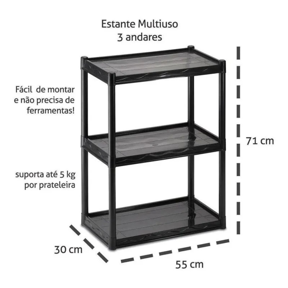 Estante Multiuso 3 Andares Preto 30 x 55 x 71 cm