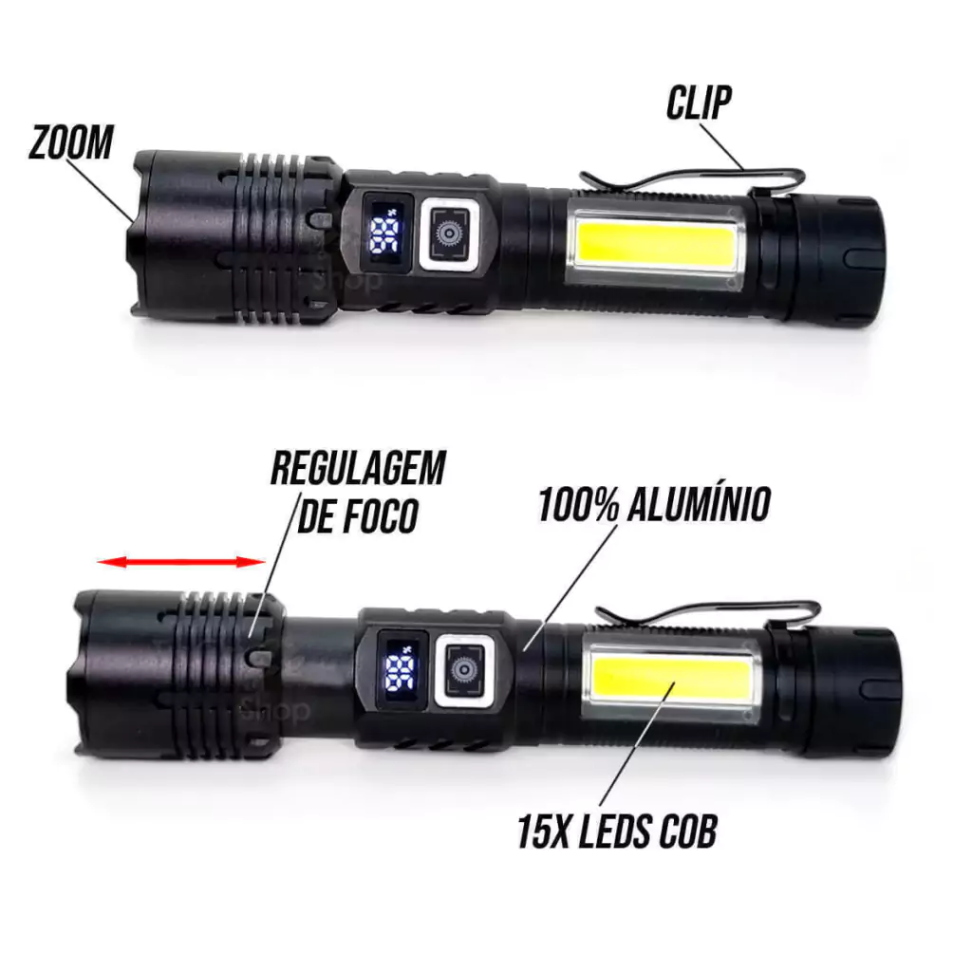 Lanterna Tática Led Recarregável Zoom Regulável 05 Modos