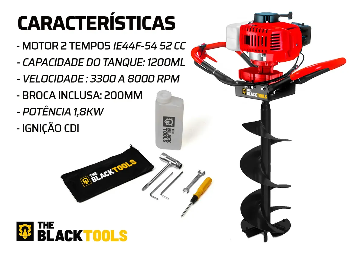 Perfurador de Solo Gasolina Motor 52cc 2T e Broca 80/20 e Chaves
