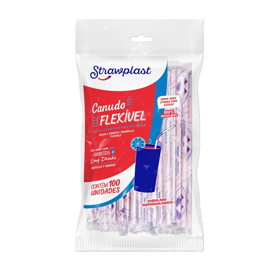 Canudo Plástico Strawplast Flexível Sachê 6mm C/100 Vermelho