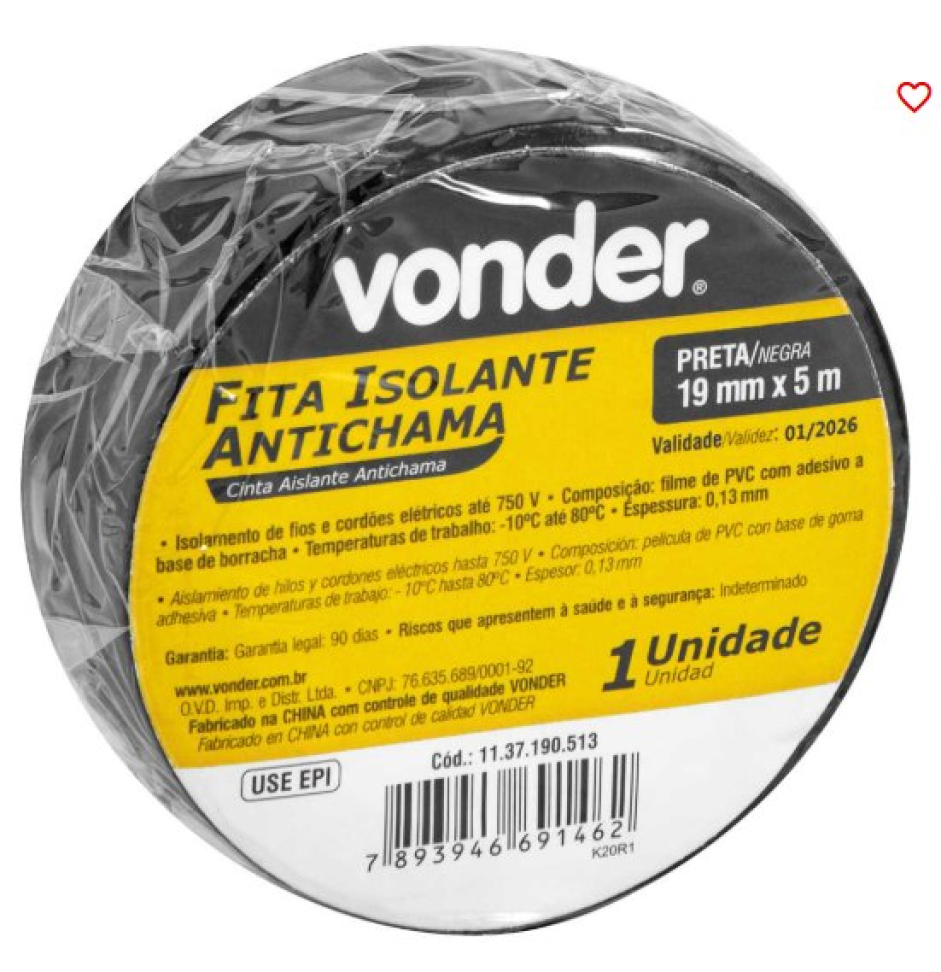 Fita Isolante Vonder Antichama Preta 19,0mm x 5m