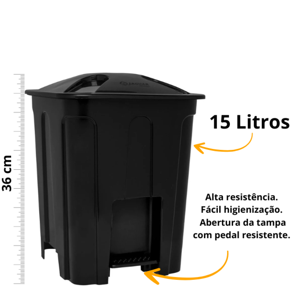 Lixeira Plástica Jaguar 15L Preto Com Pedal