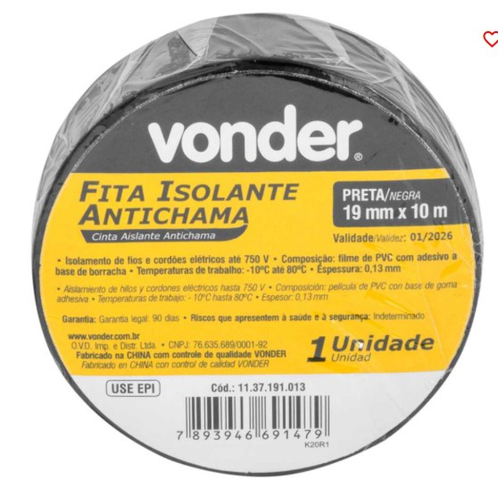 Fita Isolante Vonder Antichama Preta 19,0mm x 10m