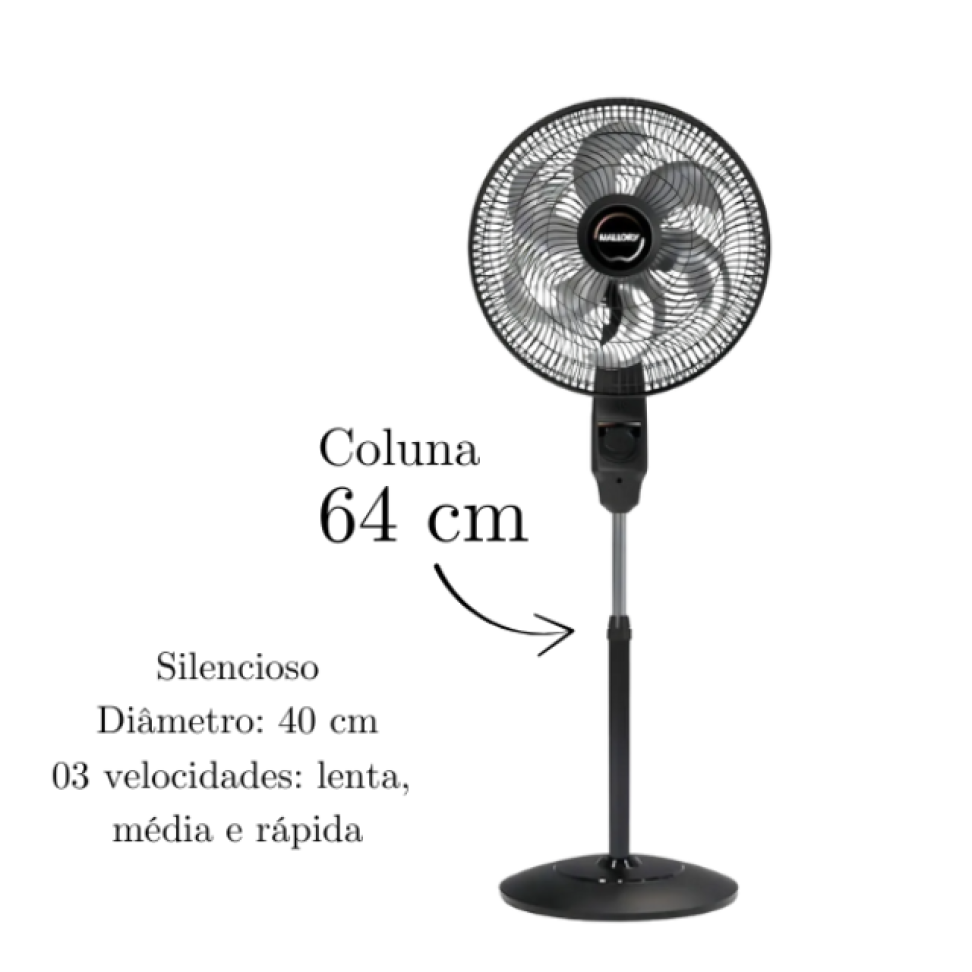 Ventilador Mallory 40cm 3 Veloc Turbo Coluna Preto 220V