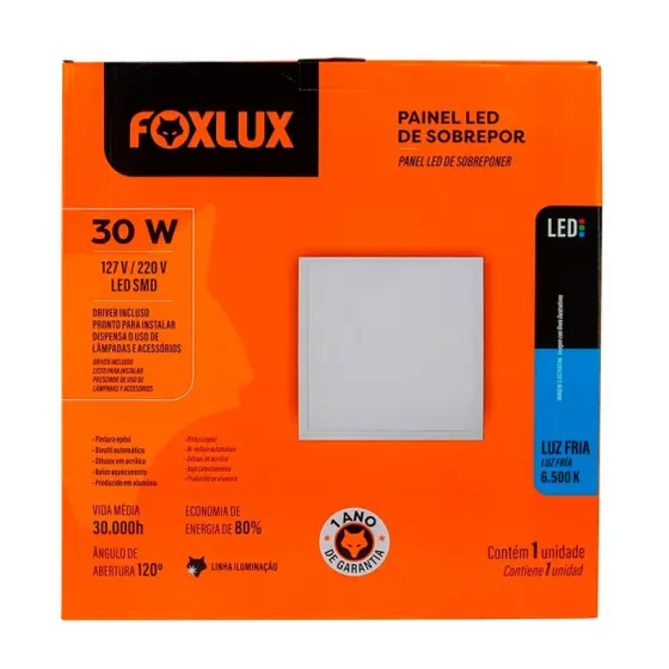 Painel de Led Embutir Quadrado 24W Foxlux 6500K Bivolt D29,5cm