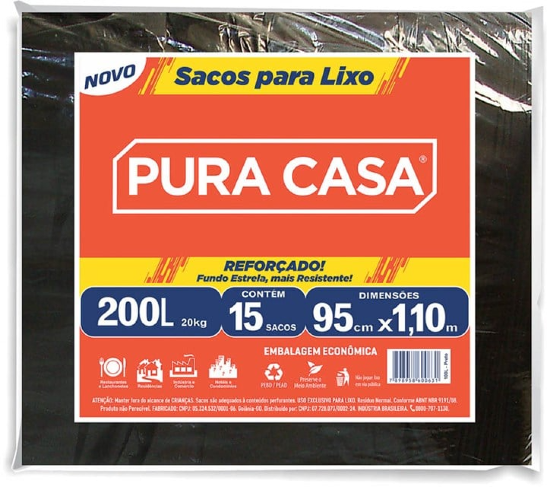 Saco para Lixo Pura Casa Reforçado Preto 200L C/15