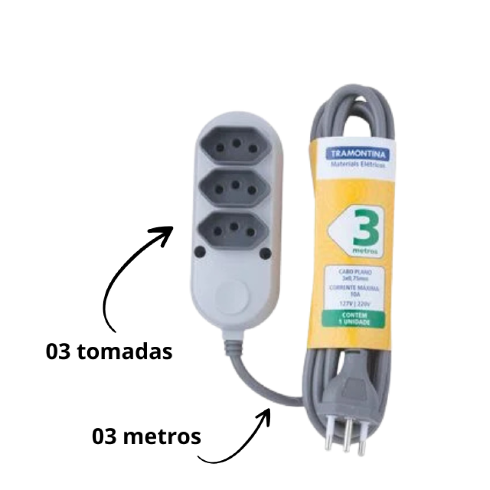 Extensão Elétrica 3 Tomadas 2P+T 10A 250V Tramontina 3m