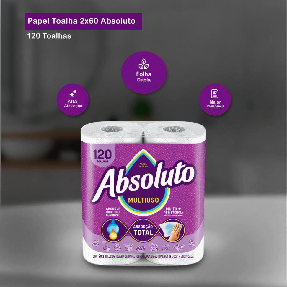 Toalha de Papel Absoluto 02 Rolos 60Toalhas Cada