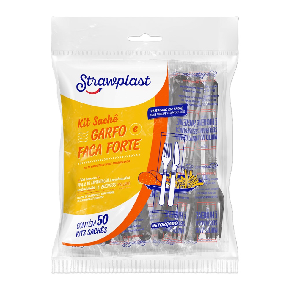 Kit Sachê Strawplast Garfo e Faca Forte Branco C/50