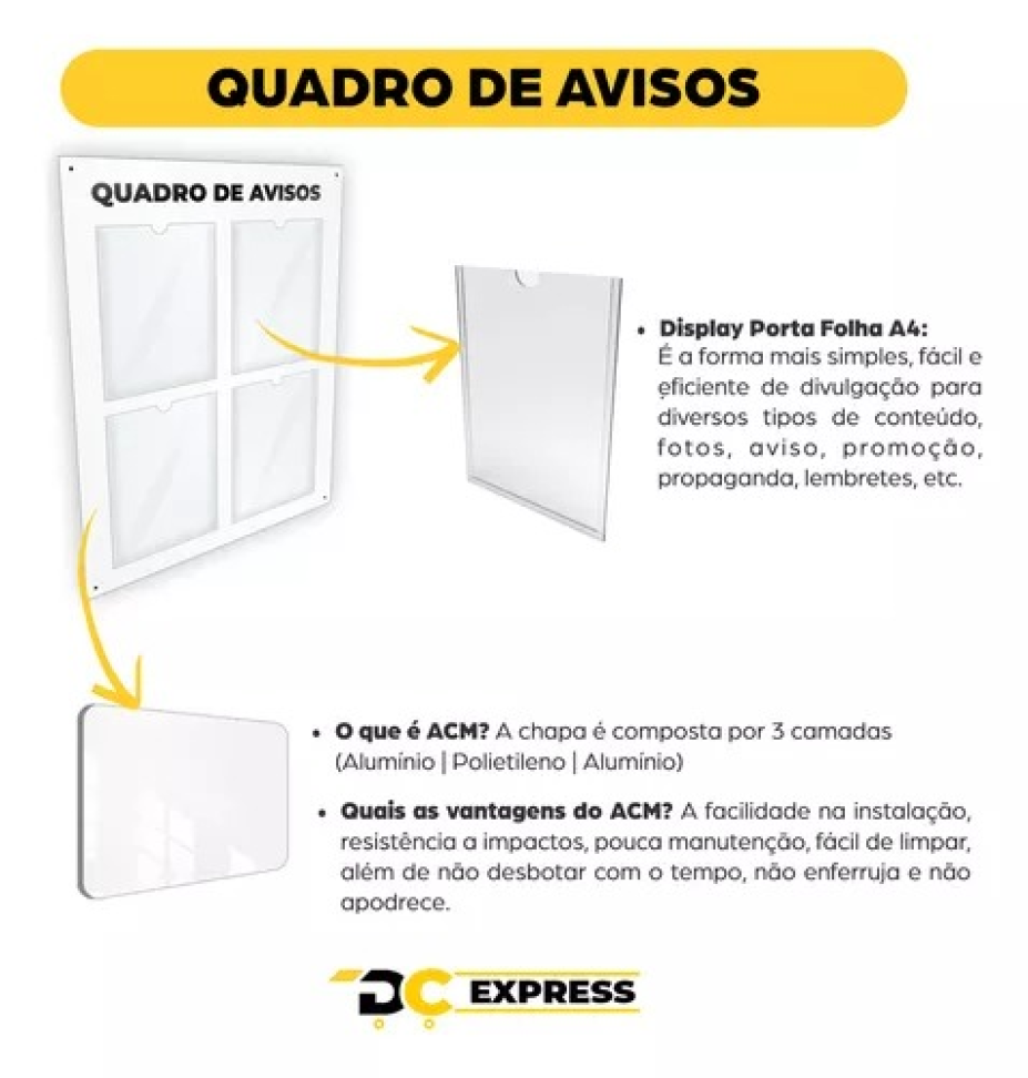 Quadro de Aviso ACM 04 Displays Acrílicos A4 C/Prolongadores