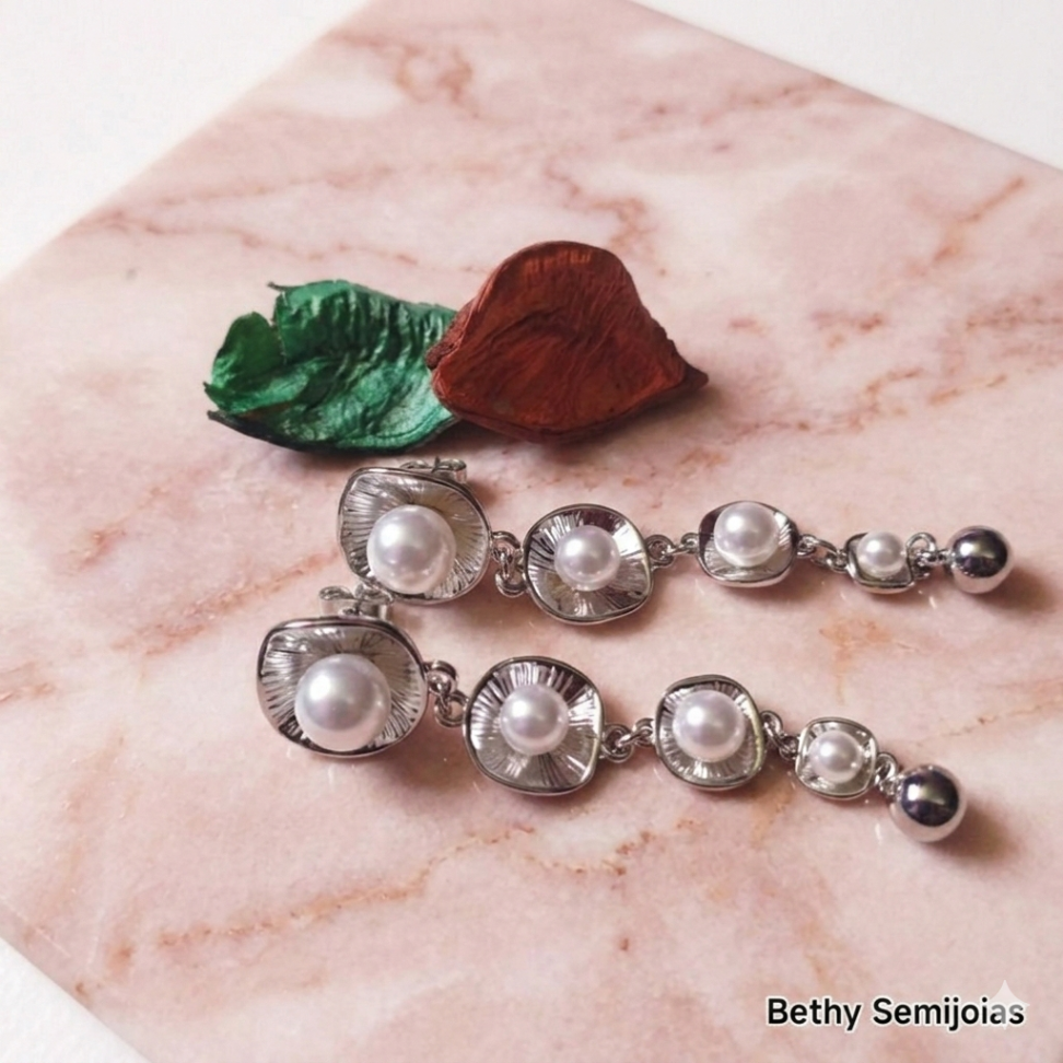Brinco comprido de pérolas Shell ródio - #2