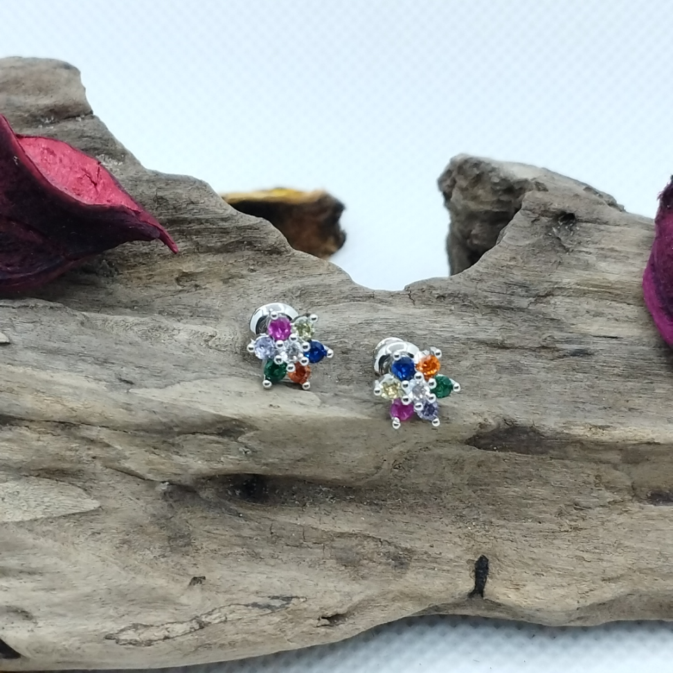 Brinco Flor cravejada mix color ródio - #3