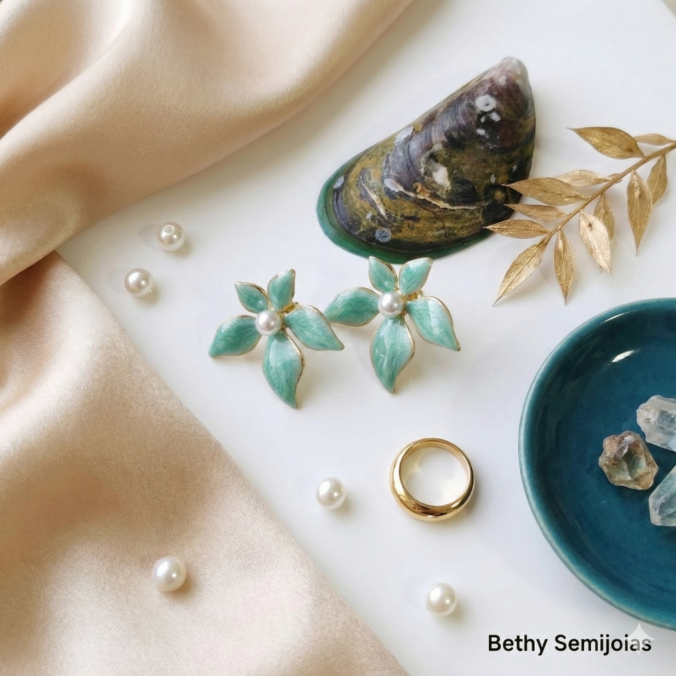 Brinco steel flower pérola folheado - #3