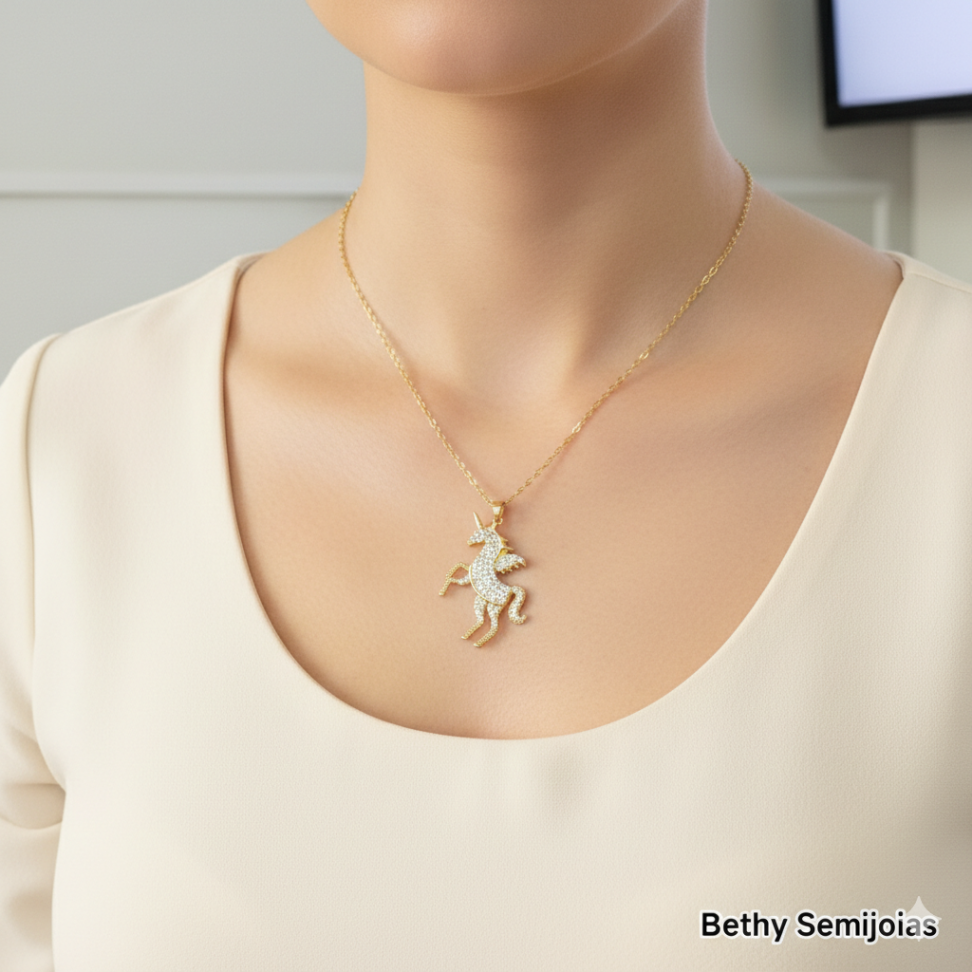 Colar com pingente unicórnio cravejado folheado a ouro - #2