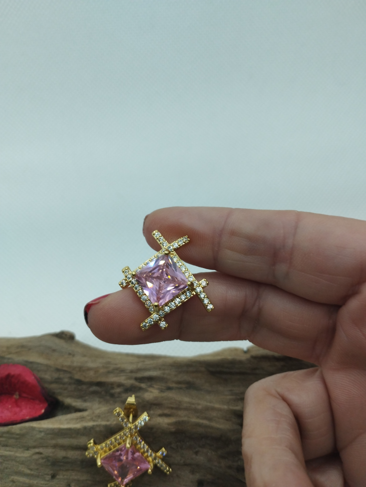 Brinco Quadrado Brilhante zircônias folheado rosa - #2