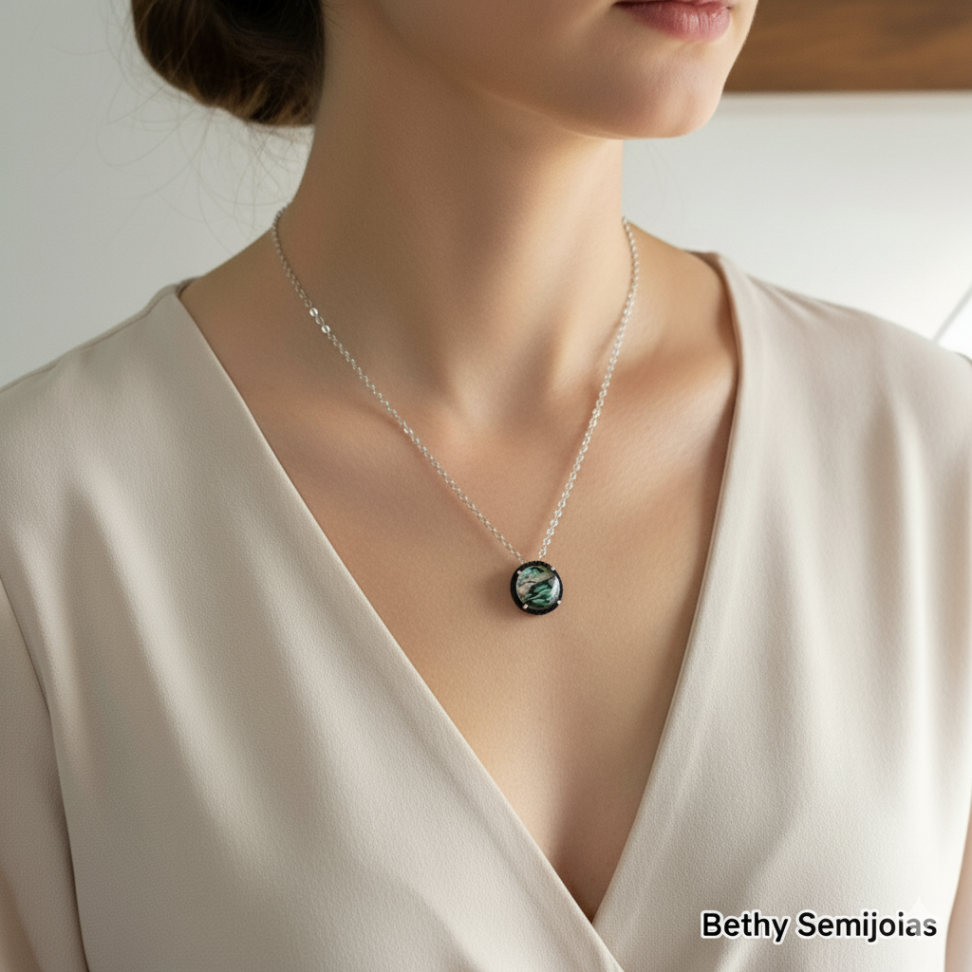 Colar pedra abalone e pavê black ao redor - #2