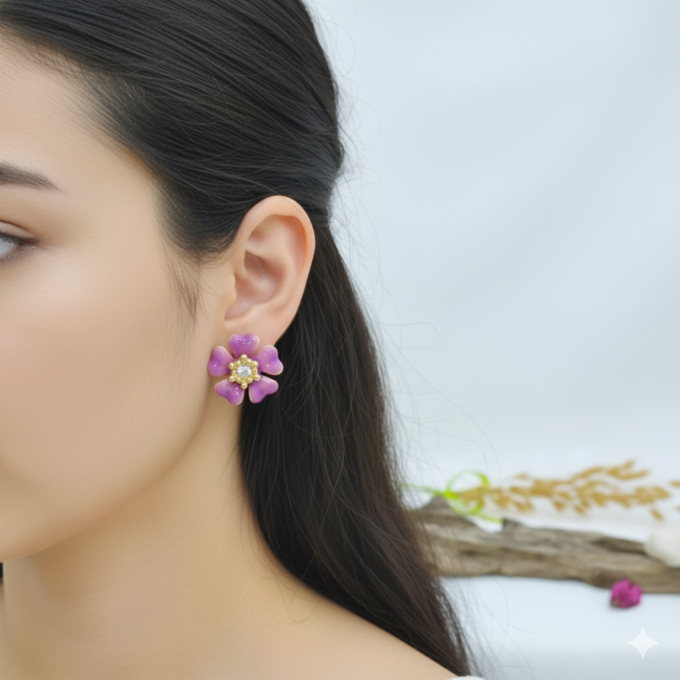 Brinco flor esmaltada rosa com zircônia no meio - #2