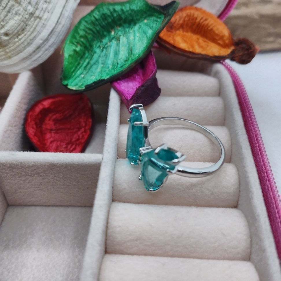 Anel borboletinha de Vidro azul em ródio - #4