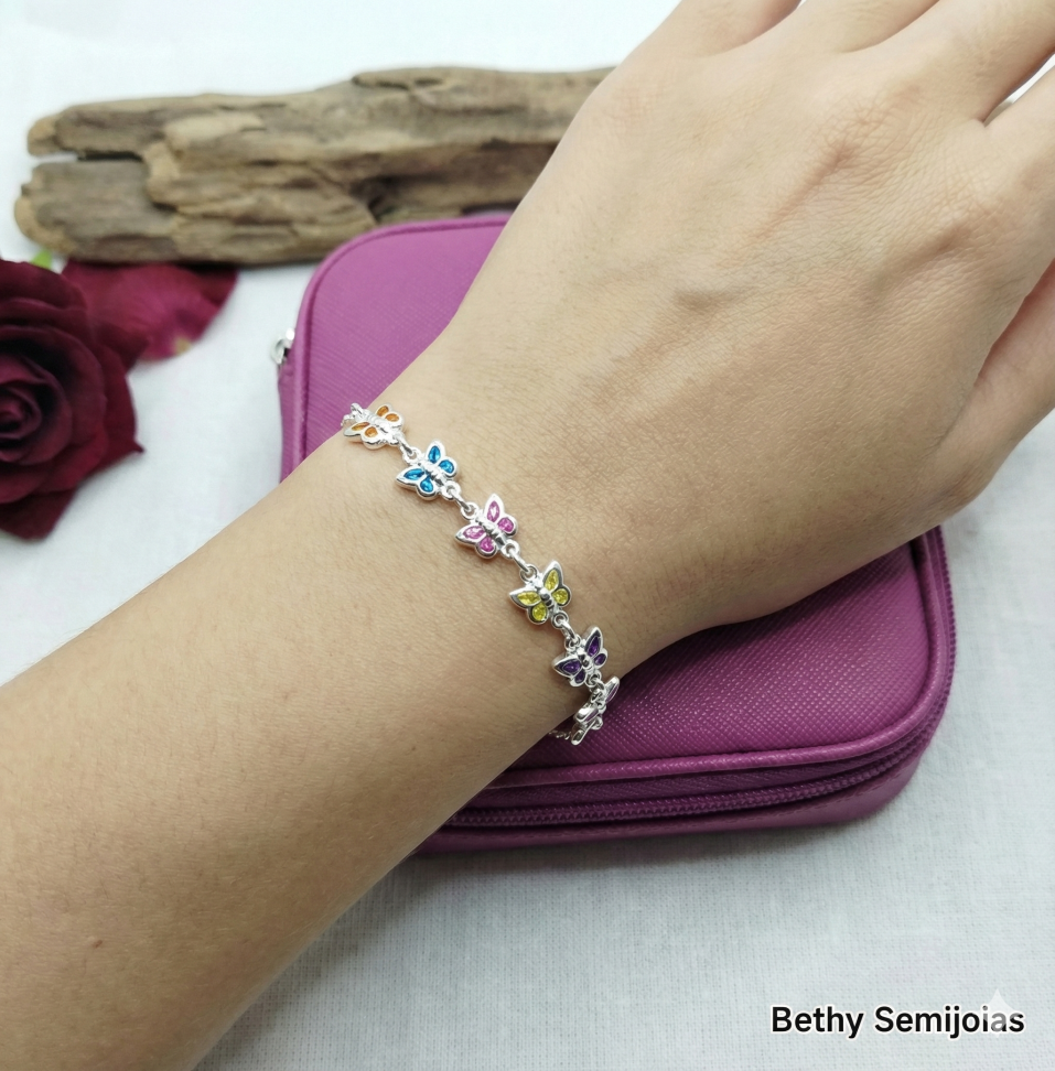 Pulseira borboletas coloridas prata - #2