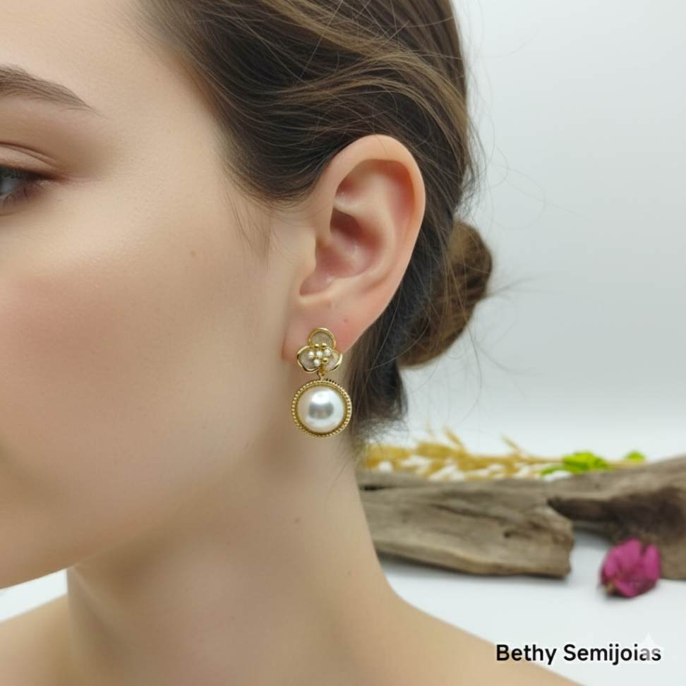 Brinco flor e pérola Shell - #2