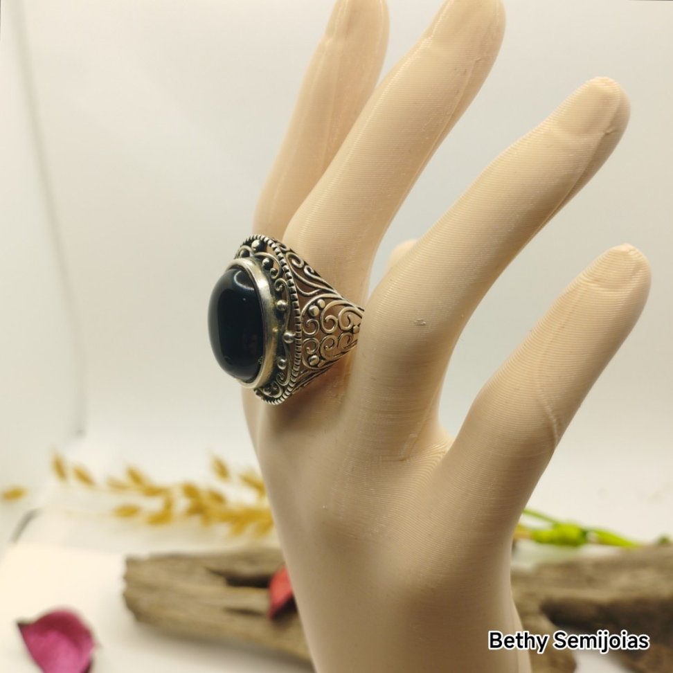 Anel vazado pedra natural Ágata oval - #3