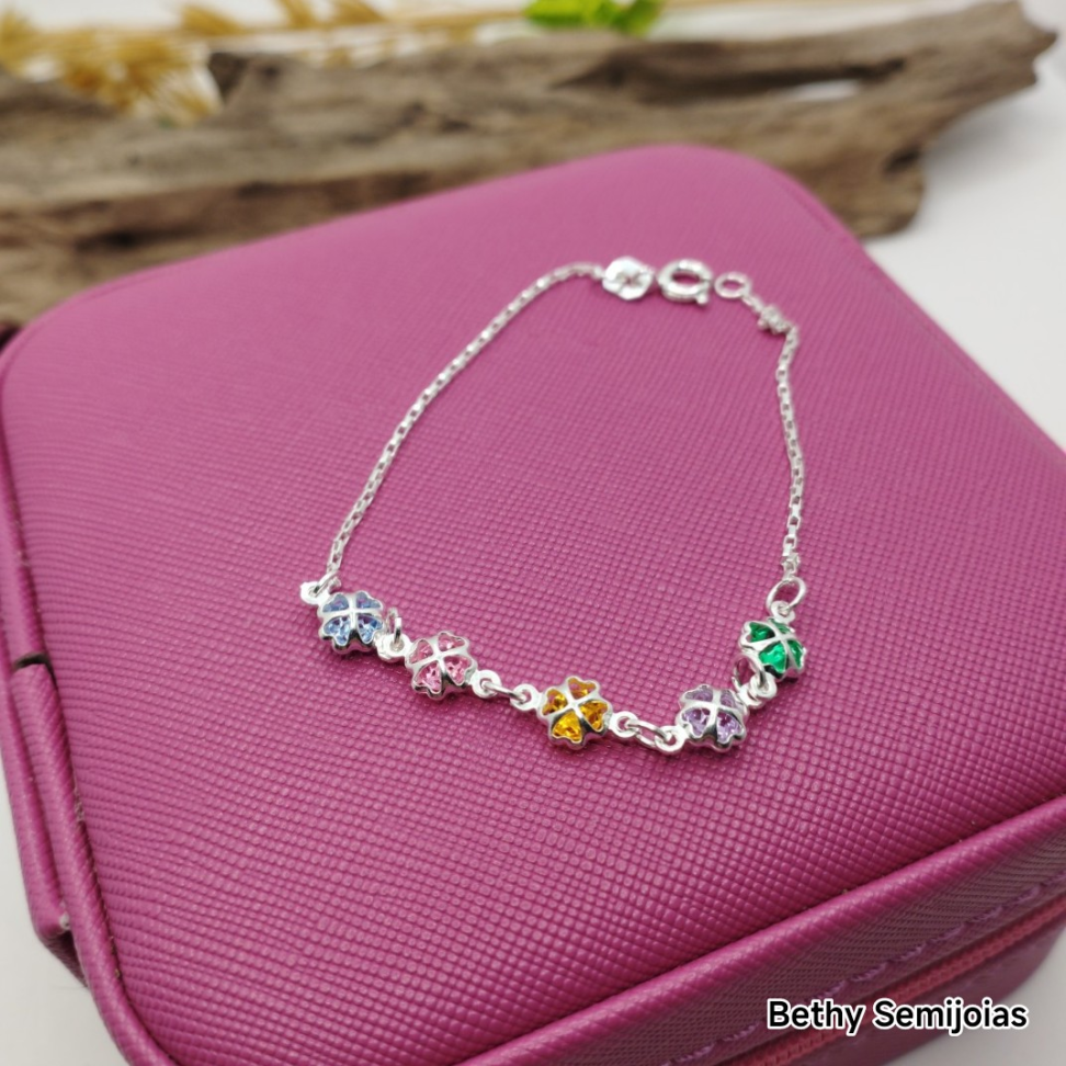 Pulseira florzinhas coloridas prata - #3