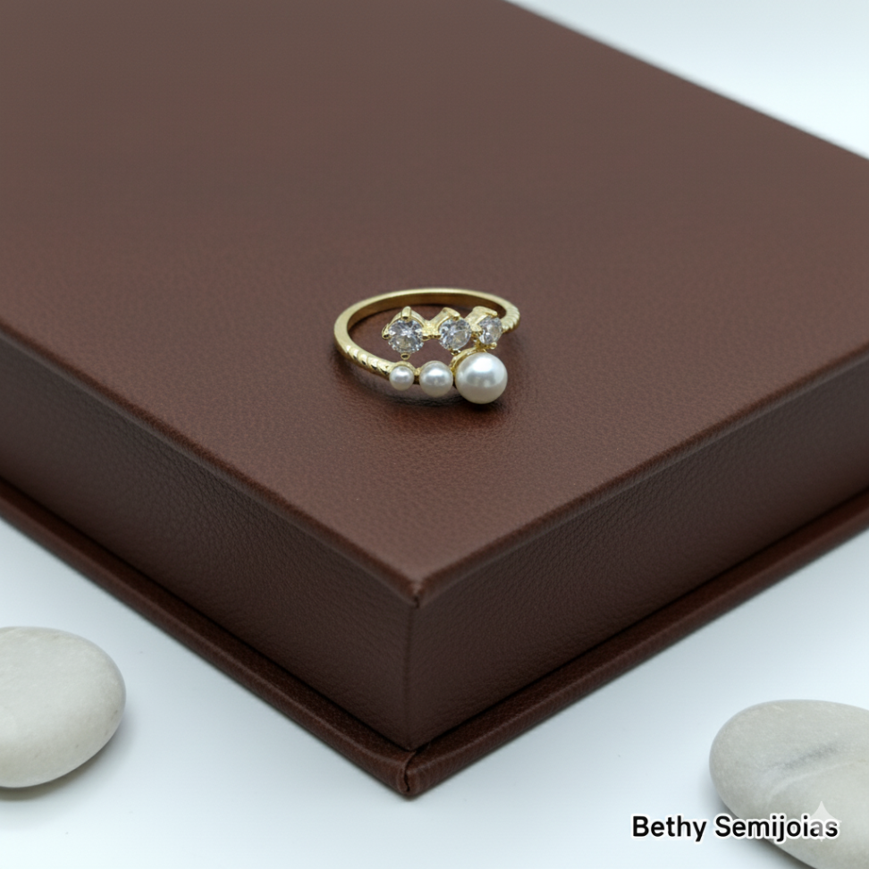 Anel pérolas e zircônias regulável - #4