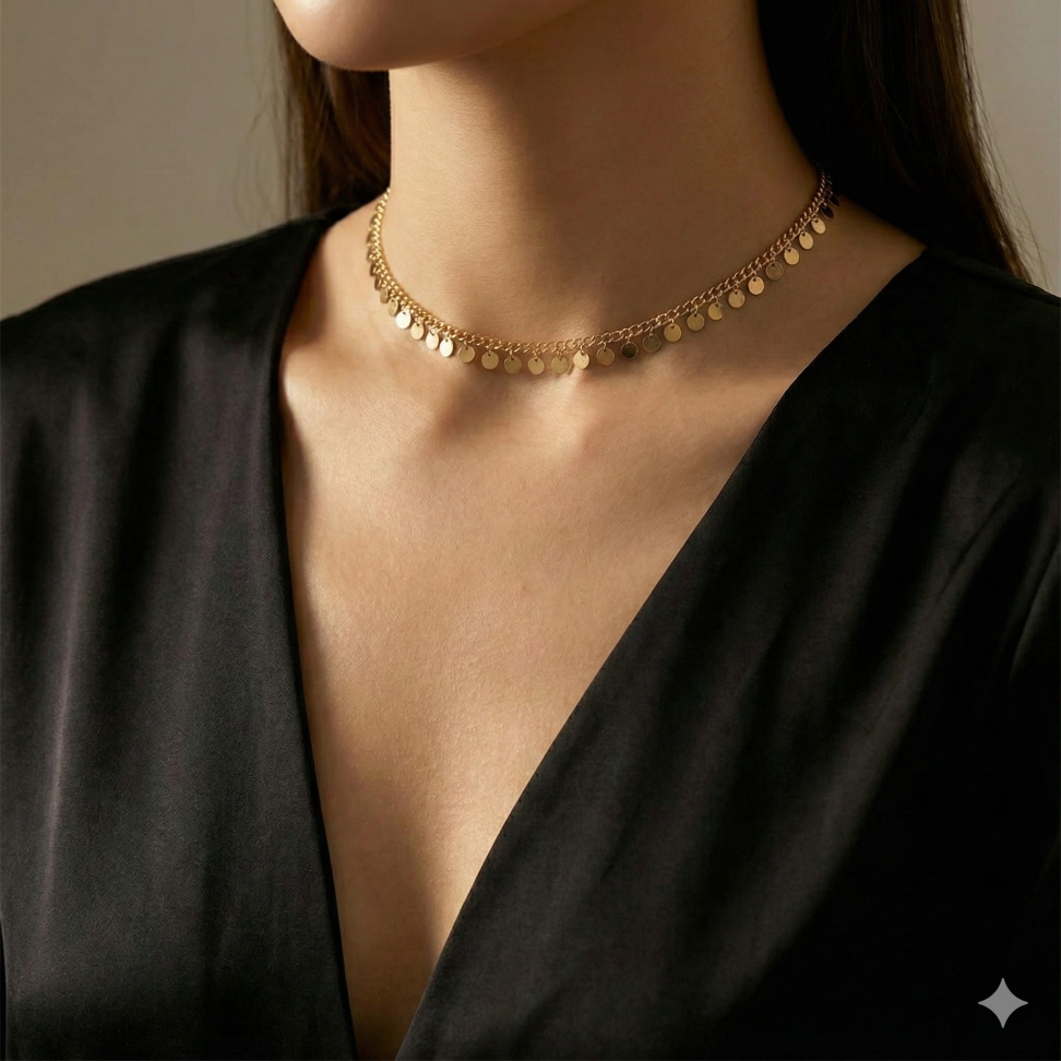 Chocker medalhinhas redondas folheada a ouro - #2