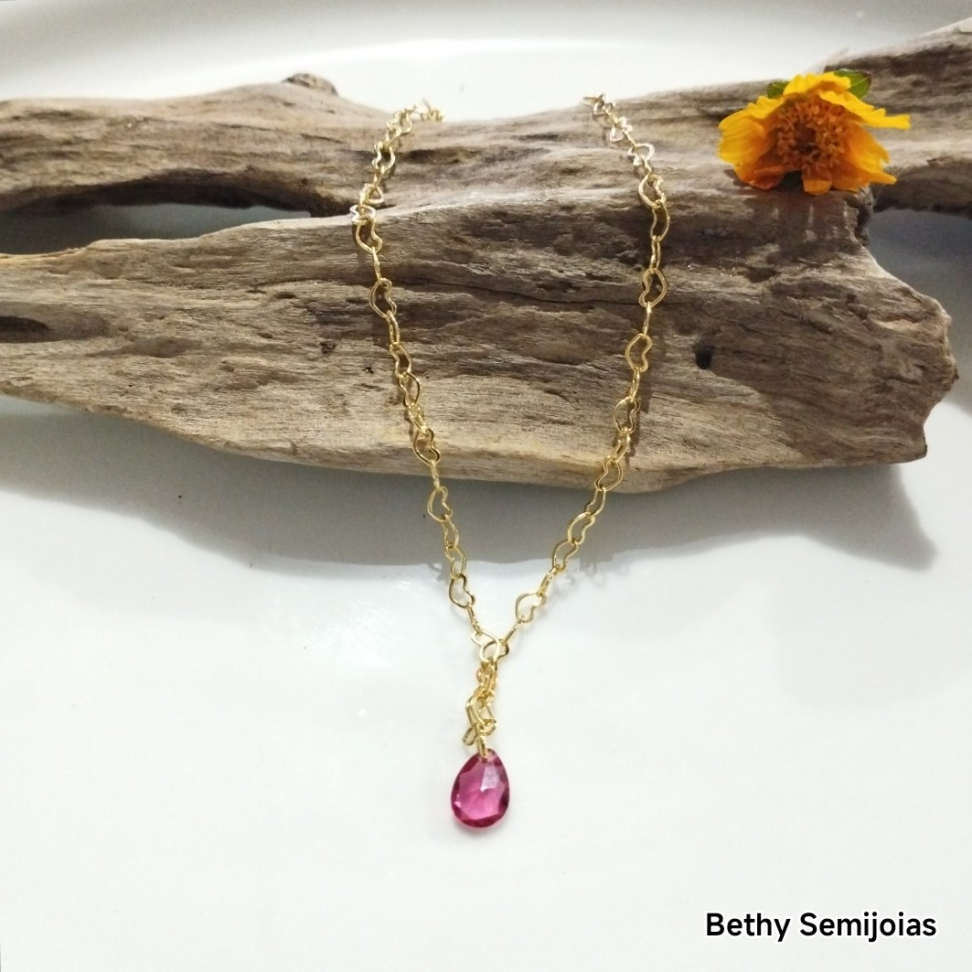 Tornozeleira de corrente coração e 1 cristal pink pendurado - #1