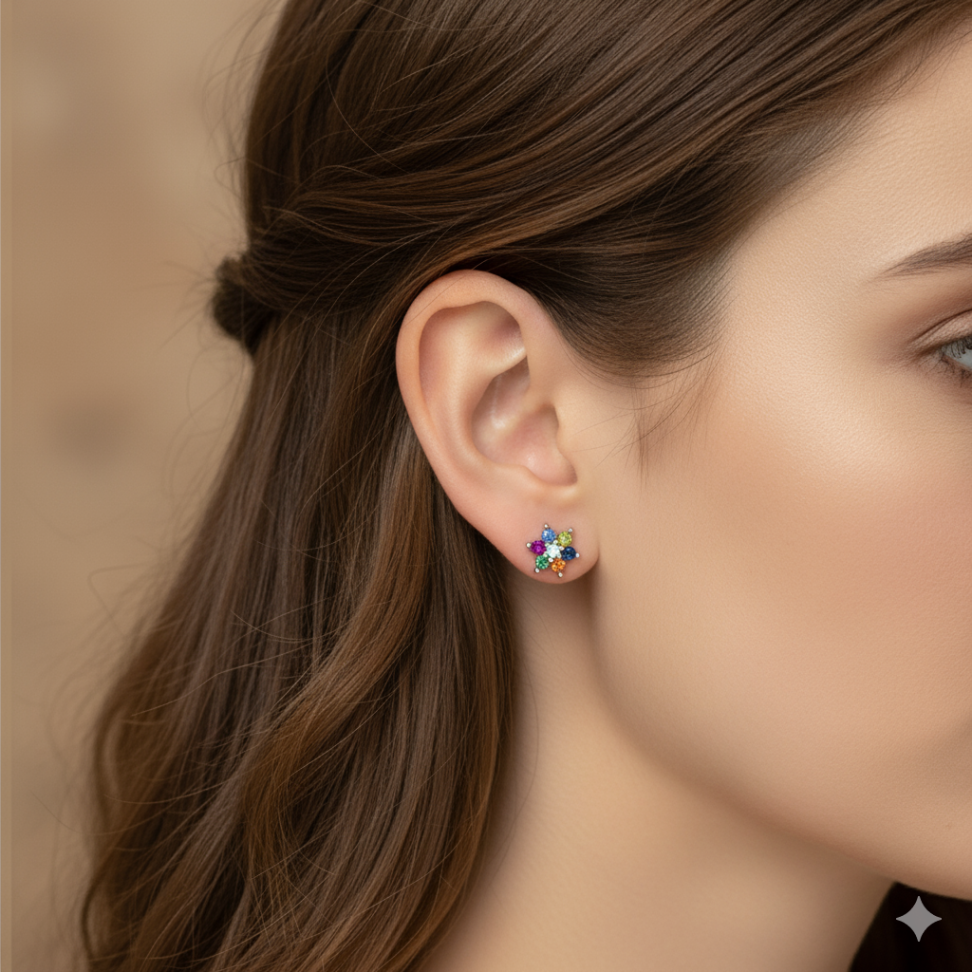 Brinco Flor cravejada mix color ródio - #4