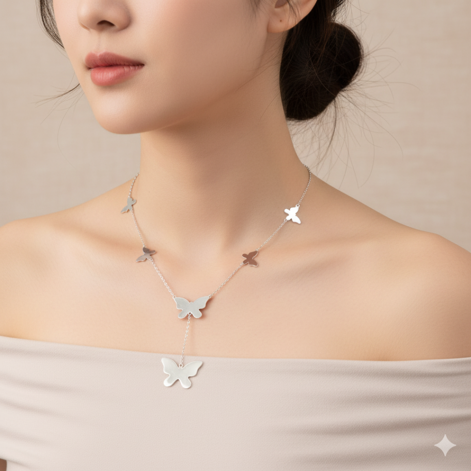 Colar seis borboletas gravata em ródio - #2