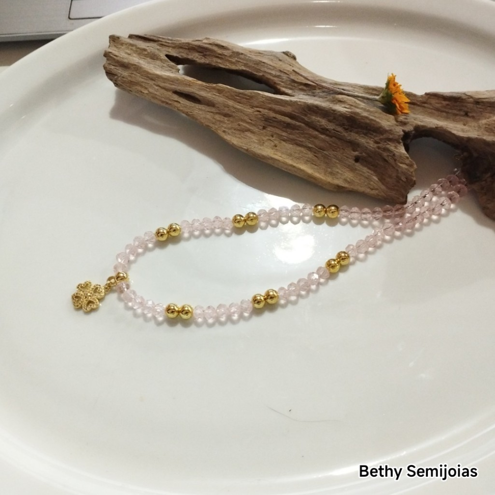 Chocker pedras cristais rosa com pingente trevo cravejado - #4