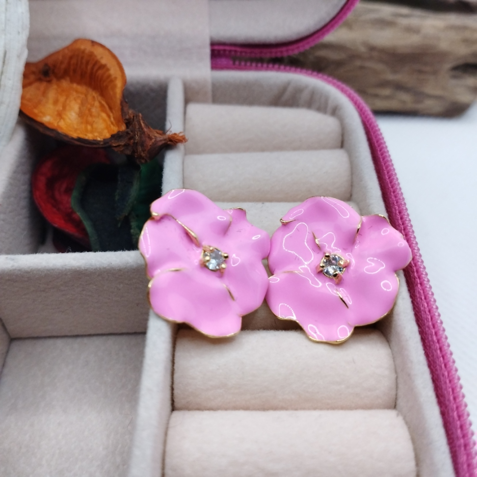 Brinco esmaltado flor rosa vivo com zirconia no meio - #3