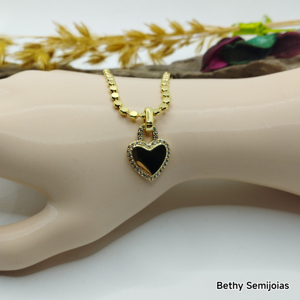 Colar coração cadeado cravejado - #3
