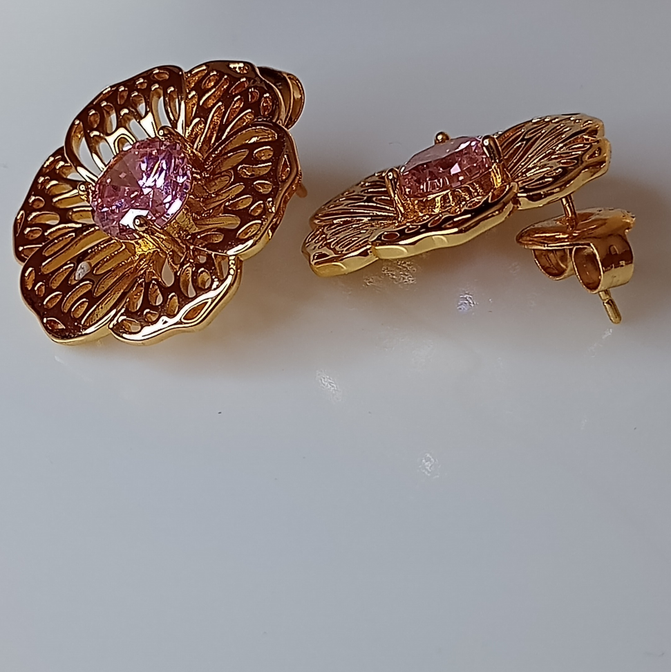 Brinco Flor vazada com zircônia rosa - #4