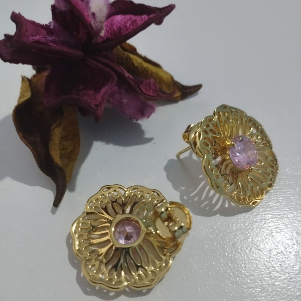 Brinco Flor vazada com zircônia rosa - #3