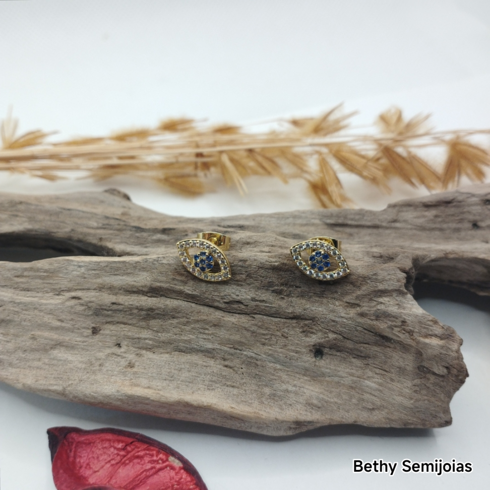 Brinco pequeno olho grego cravejado folheado a ouro - #3