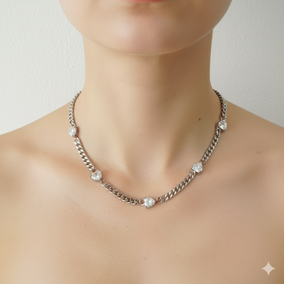 Colar malha groumet com corações em zircônia - #2