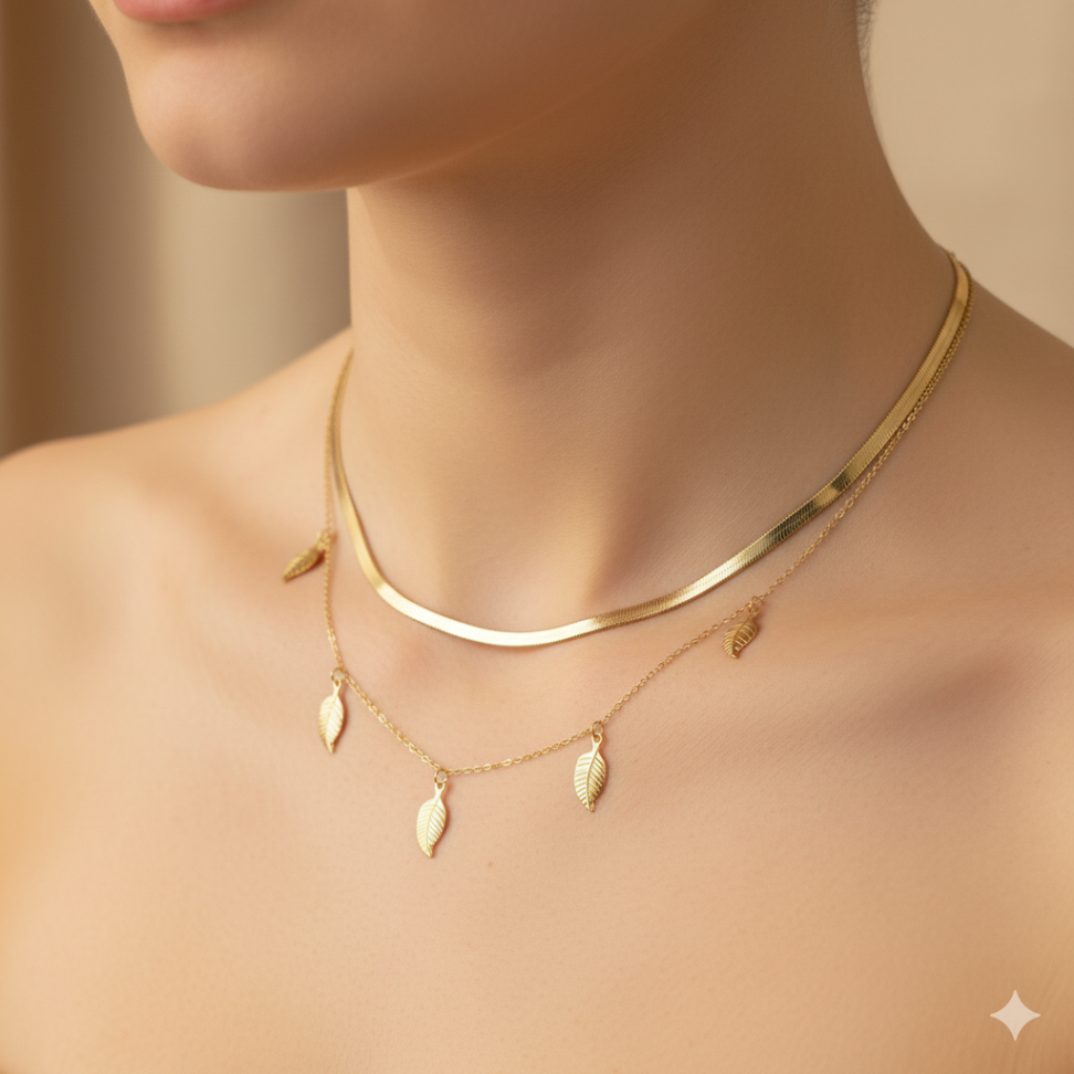 Colar Duplo fita e folha - #2