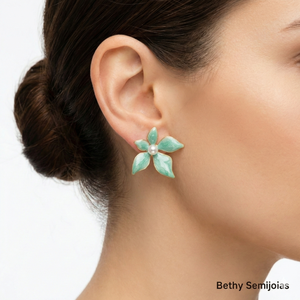 Brinco steel flower pérola folheado - #2