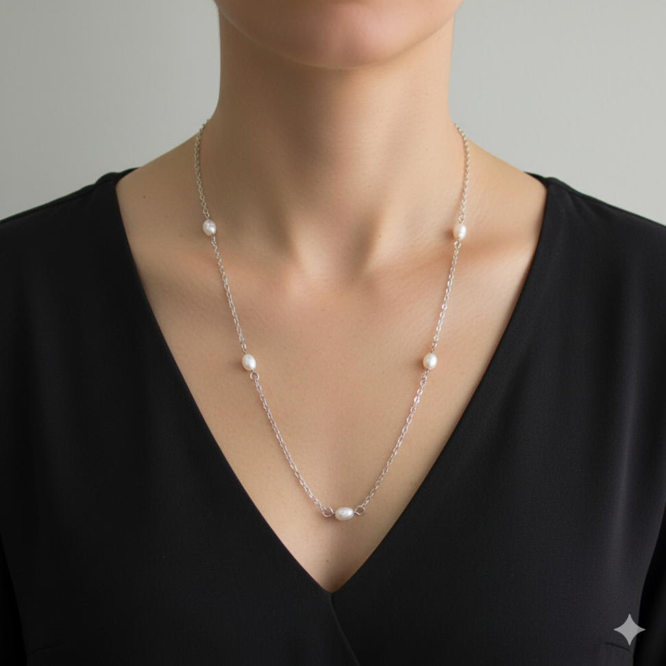 Colar comprido de prata com pérolas - #3