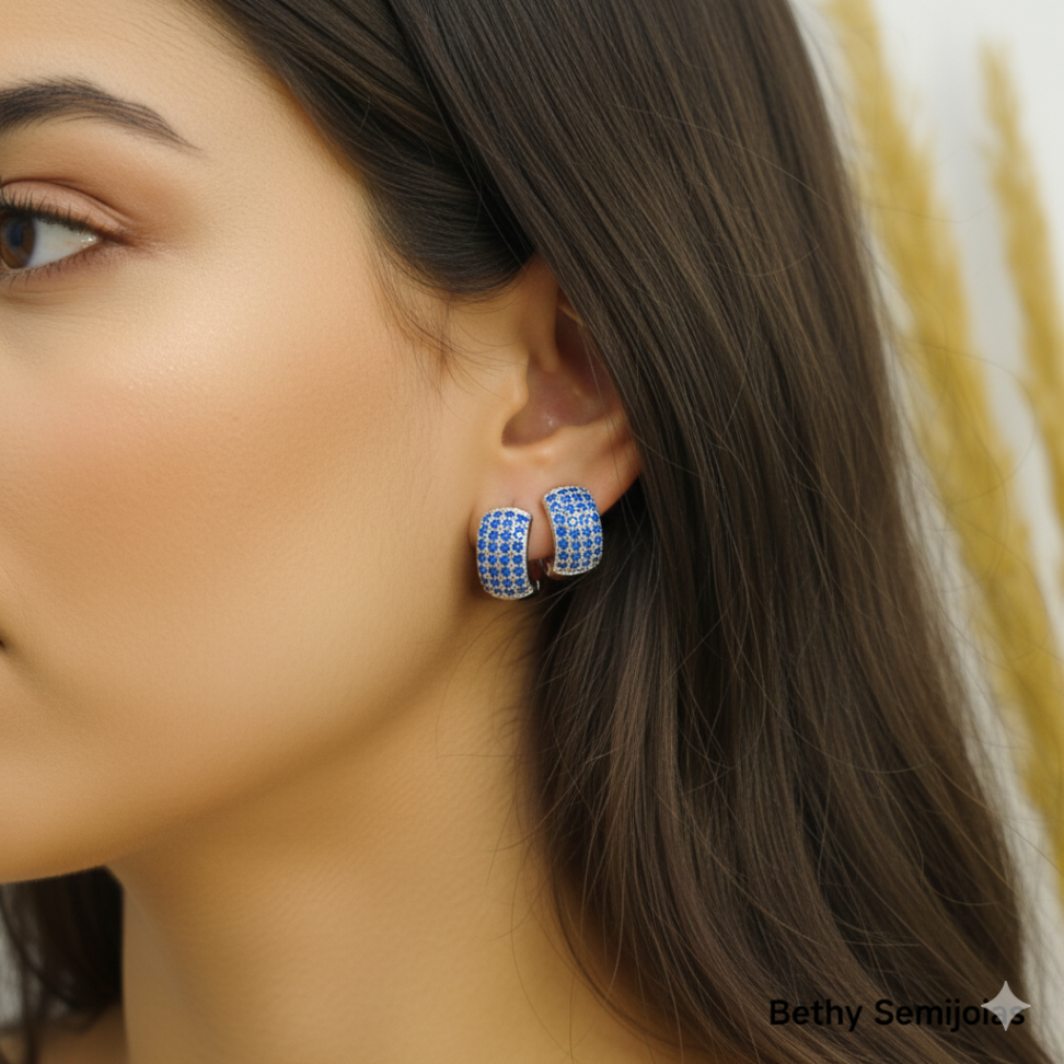 Brinco argolinha cravejada azul rhodium - #2